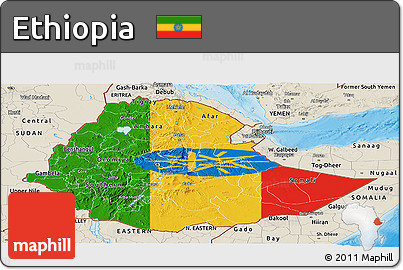 Flag Panoramic Map of Ethiopia, shaded relief outside, bathymetry sea, flag rotated