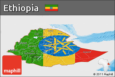 Flag Panoramic Map of Ethiopia, single color outside, bathymetry sea, shaded relief sea, flag aligned to the middle