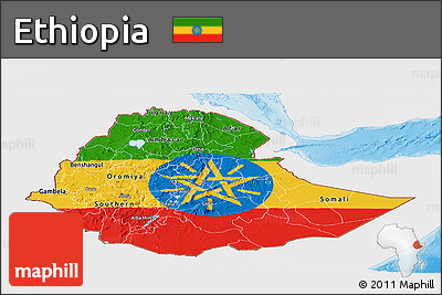 Flag Panoramic Map of Ethiopia, single color outside, shaded relief sea, flag centered