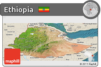 Satellite Panoramic Map of Ethiopia, shaded relief outside, satellite sea