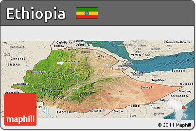 Satellite Panoramic Map of Ethiopia, shaded relief outside, satellite sea