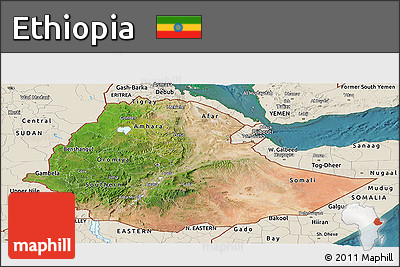 Satellite Panoramic Map of Ethiopia, shaded relief outside, satellite sea