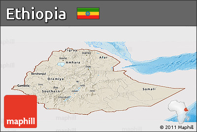 Shaded Relief Panoramic Map of Ethiopia, single color outside