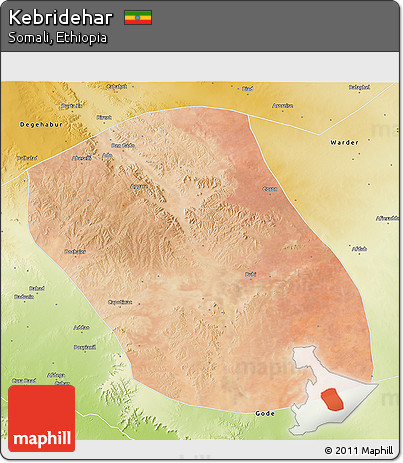 Satellite 3D Map of Kebridehar, physical outside