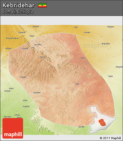 Satellite 3D Map of Kebridehar, physical outside