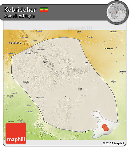 Shaded Relief 3D Map of Kebridehar, physical outside