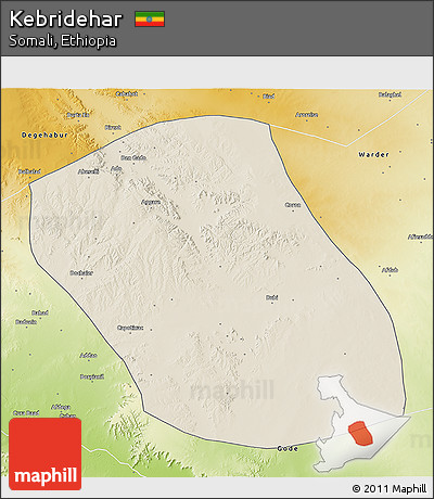 Shaded Relief 3D Map of Kebridehar, physical outside
