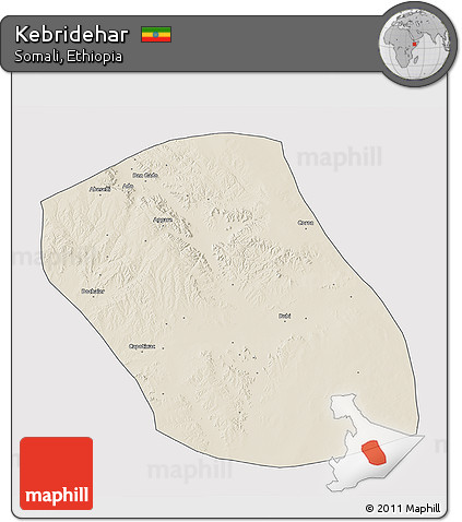 Shaded Relief 3D Map of Kebridehar, single color outside