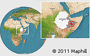 Satellite Location Map of Kebridehar, highlighted country, highlighted parent region, within the entire country