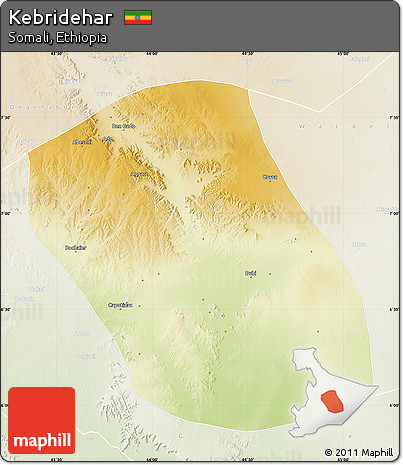 Physical Map of Kebridehar, lighten