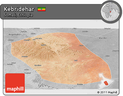 Satellite Panoramic Map of Kebridehar, desaturated
