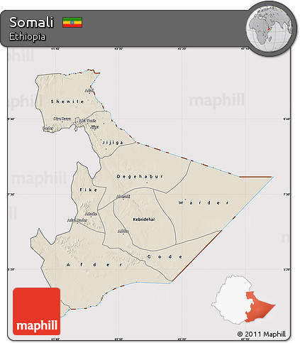Shaded Relief Map of Somali, cropped outside