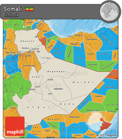 Shaded Relief Map of Somali, political outside