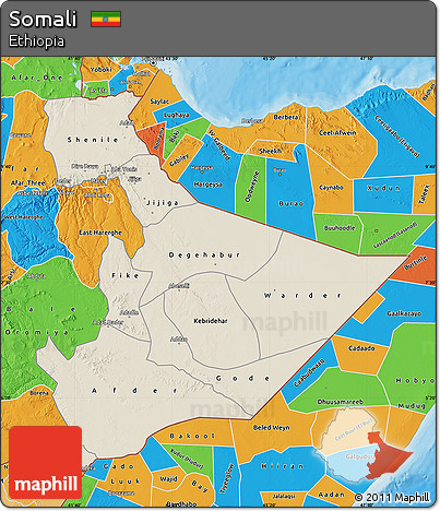 Shaded Relief Map of Somali, political outside