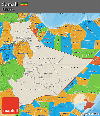 Shaded Relief Map of Somali, political outside