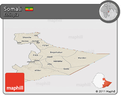 Shaded Relief Panoramic Map of Somali, cropped outside