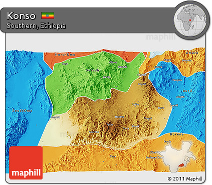 Physical 3D Map of Konso, political outside