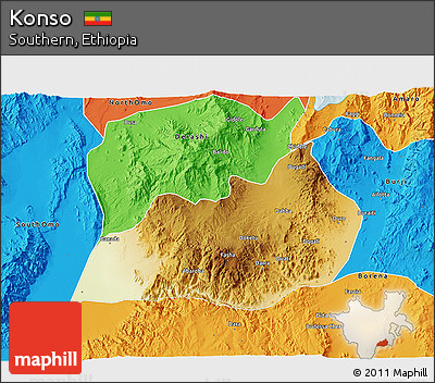 Physical 3D Map of Konso, political outside