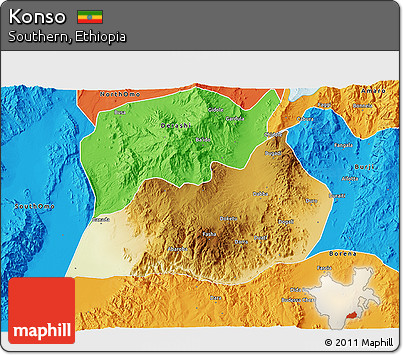 Physical 3D Map of Konso, political outside