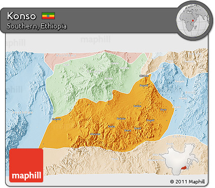 Political 3D Map of Konso, lighten