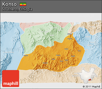 Political 3D Map of Konso, lighten