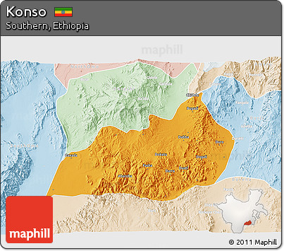 Political 3D Map of Konso, lighten