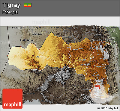 Physical 3D Map of Tigray, darken, semi-desaturated