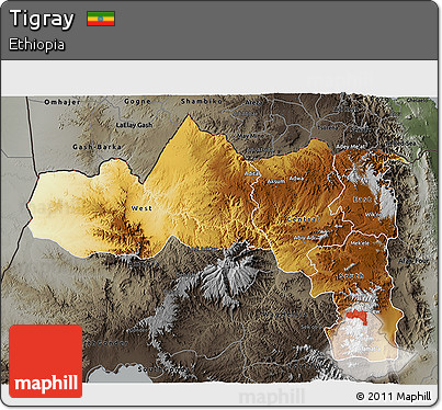 Physical 3D Map of Tigray, darken, semi-desaturated