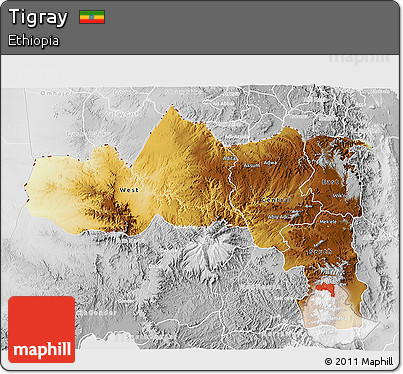 Physical 3D Map of Tigray, lighten, desaturated