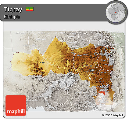 Physical 3D Map of Tigray, lighten, semi-desaturated