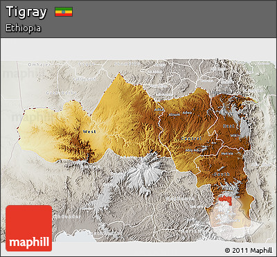 Physical 3D Map of Tigray, lighten, semi-desaturated