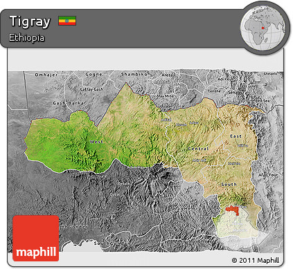 Satellite 3D Map of Tigray, desaturated