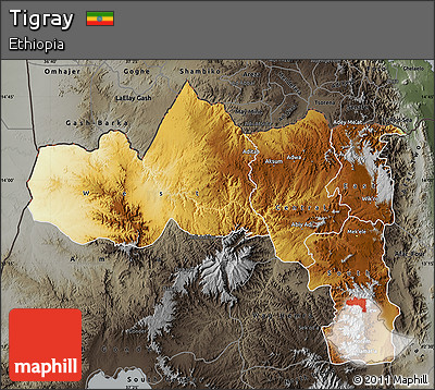Physical Map of Tigray, darken, semi-desaturated