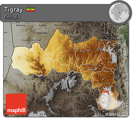 Physical Map of Tigray, darken, semi-desaturated