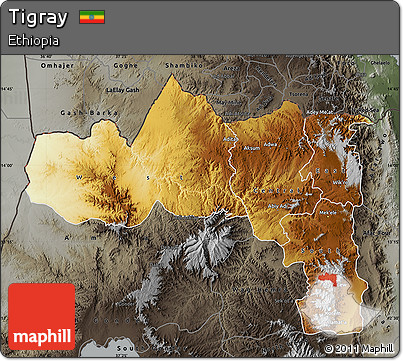 Physical Map of Tigray, darken, semi-desaturated