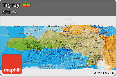 Satellite Panoramic Map of Tigray, political shades outside