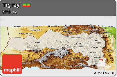 Shaded Relief Panoramic Map of Tigray, physical outside