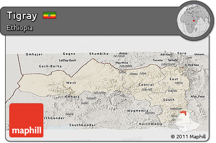 Shaded Relief Panoramic Map of Tigray, semi-desaturated