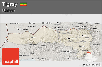 Shaded Relief Panoramic Map of Tigray, semi-desaturated