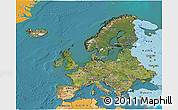 Satellite 3D Map of Europe, political shades outside, satellite sea