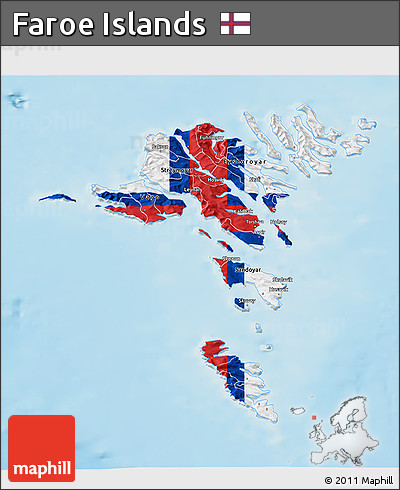 Flag 3D Map of Faroe Islands, single color outside, shaded relief sea, flag rotated