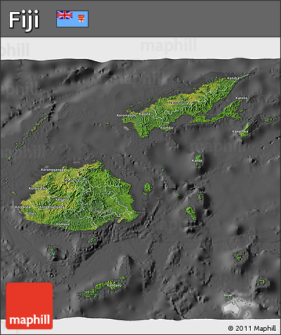 Satellite 3D Map of Fiji, darken, desaturated