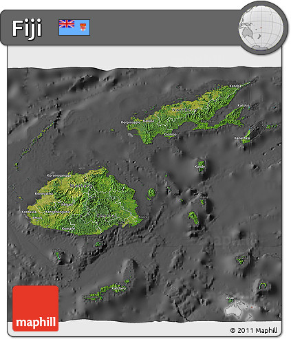 Satellite 3D Map of Fiji, darken, desaturated