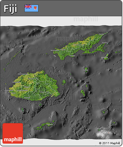Satellite 3D Map of Fiji, darken, desaturated