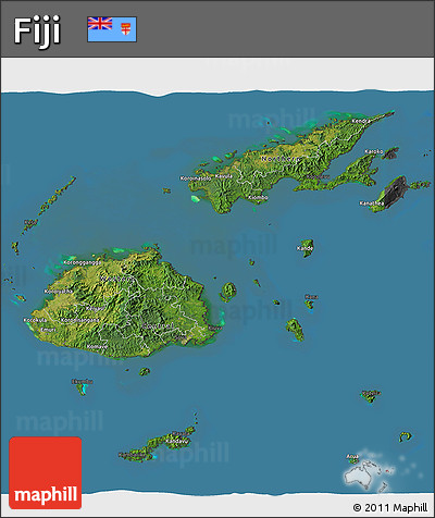 Satellite 3D Map of Fiji, darken, desaturated, land only