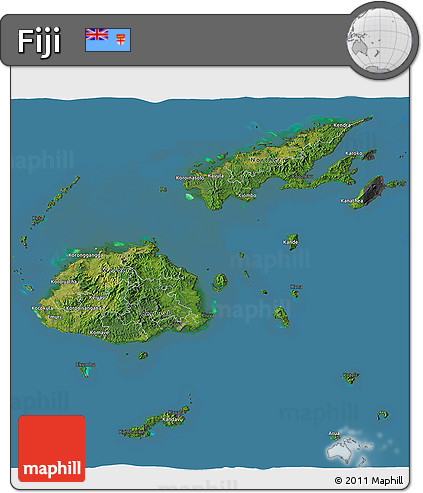 Satellite 3D Map of Fiji, darken, desaturated, land only