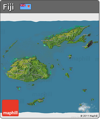 Satellite 3D Map of Fiji, darken, desaturated, land only