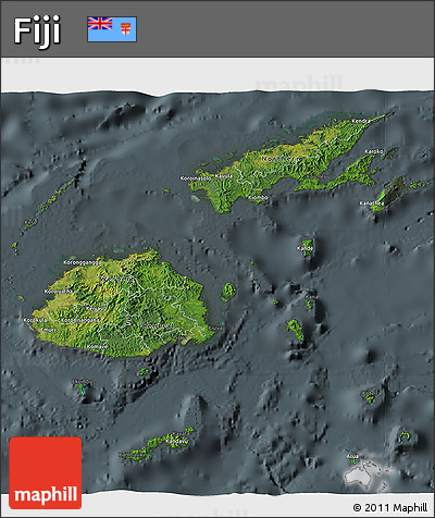 Satellite 3D Map of Fiji, darken, semi-desaturated
