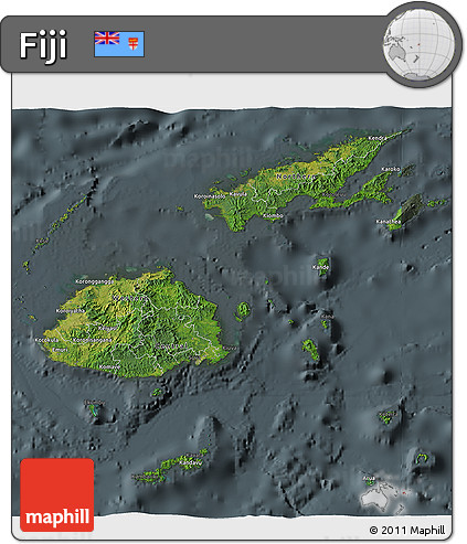 Satellite 3D Map of Fiji, darken, semi-desaturated