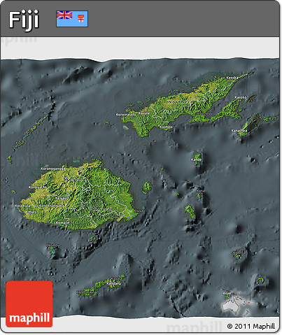 Satellite 3D Map of Fiji, darken, semi-desaturated